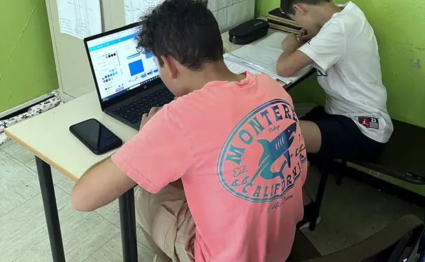 Al computer, con il compagno accanto